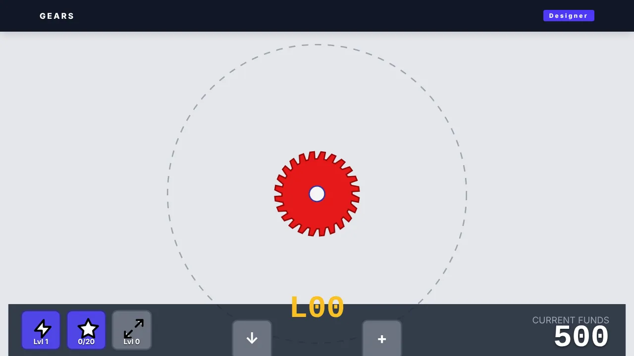 The Gears game: a red gear with a dashed range ring and upgrade buttons