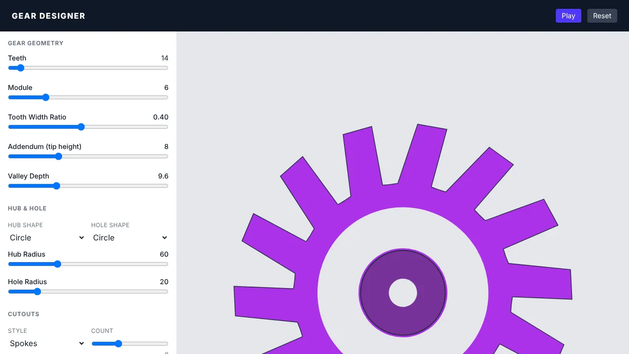 The Gear Designer with a purple spoked gear and sliders for teeth, hub, and cutouts