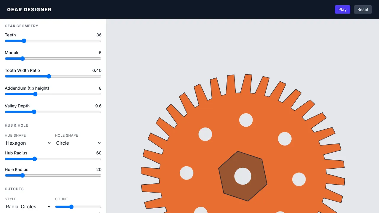 The Gear Designer with an orange 36-tooth gear, hexagon hub, and round cutouts