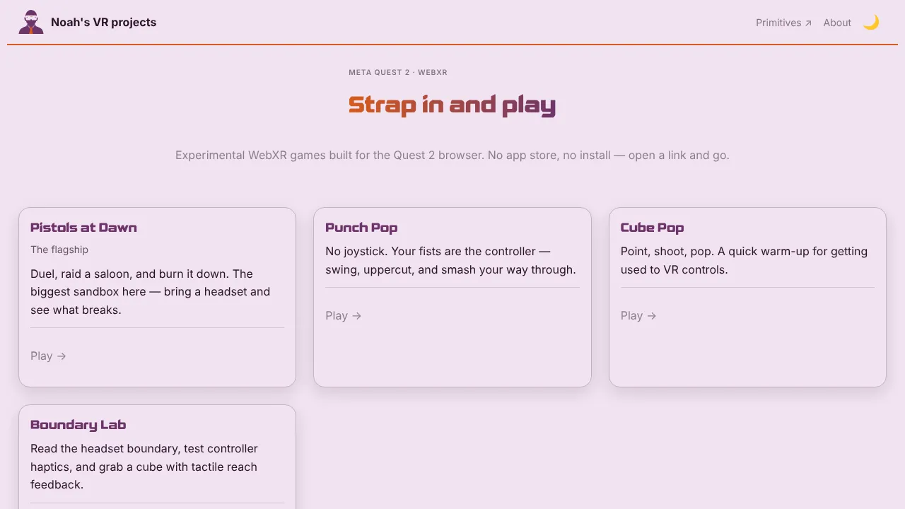The VR prototypes landing page with cards for Pistols at Dawn, Punch Pop, and Cube Pop
