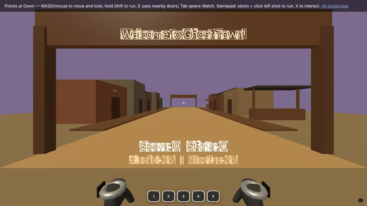 Pistols at Dawn: a ghost-town main street under a welcome sign, with VR controllers in hand